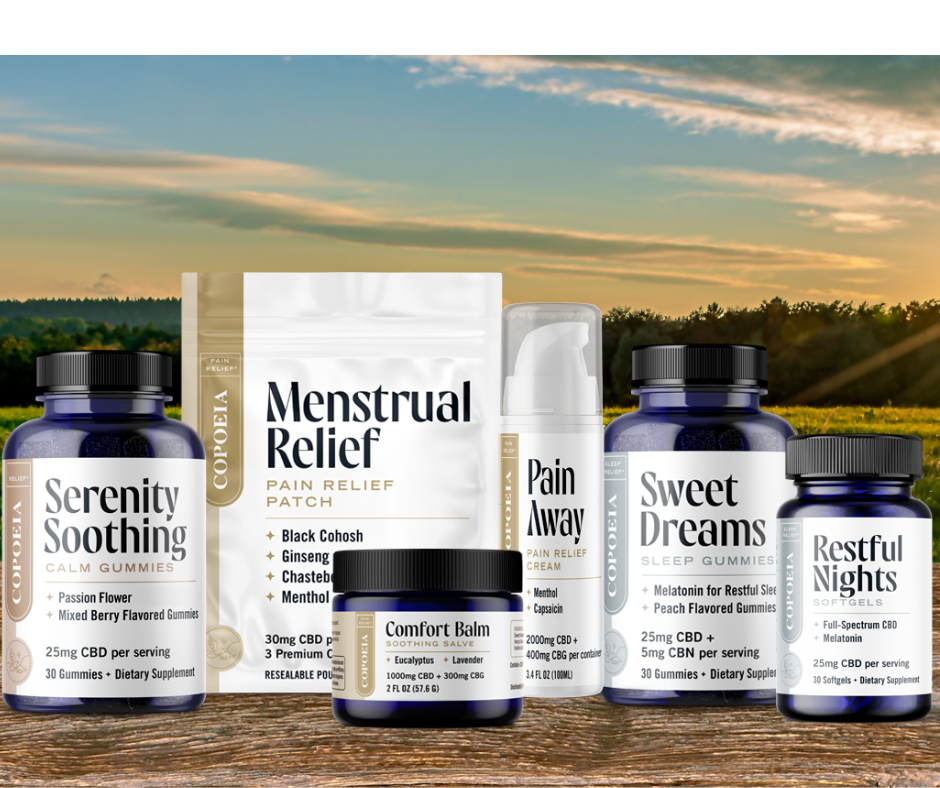 A picture of hemp products by Copoeia for Pain, Stress and Sleep relief