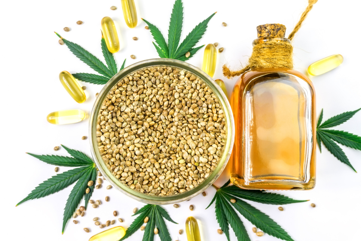 jar of hemp seeds and bottle of hempseed oil