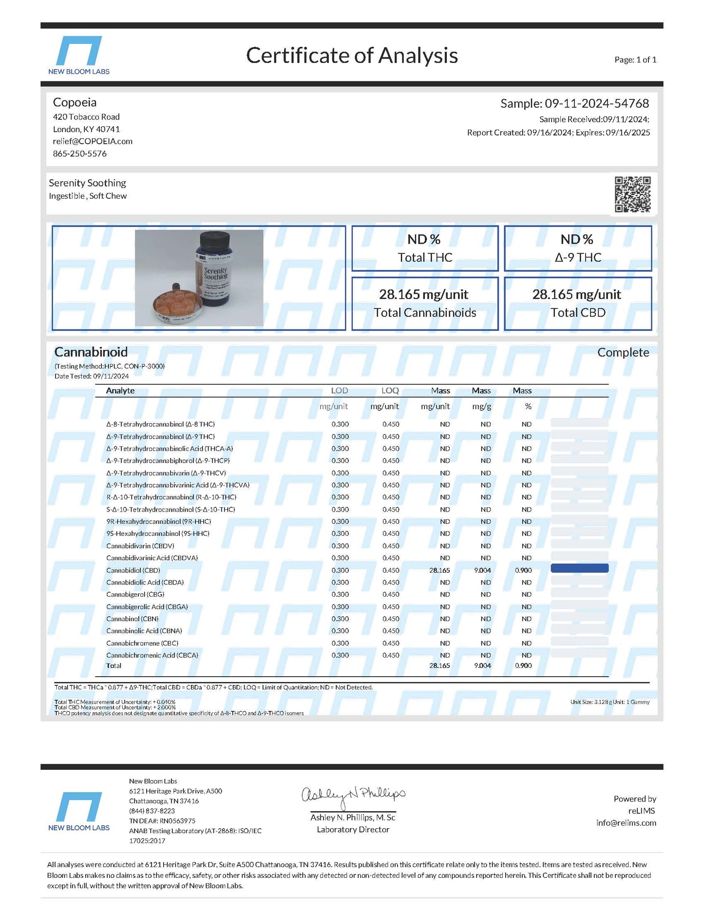 Certificate of Analysis Serenity Soothing  CBD Calming Gummies