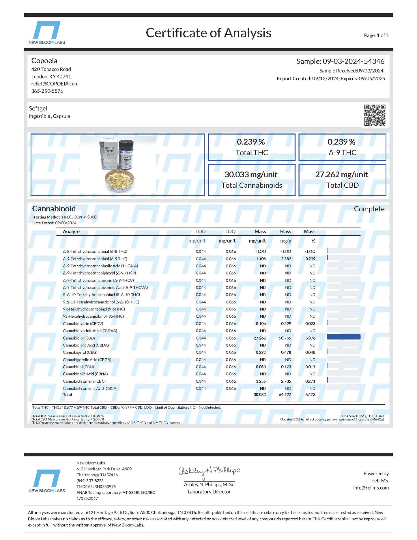 Certificate of Analysis Restful Night Softgels